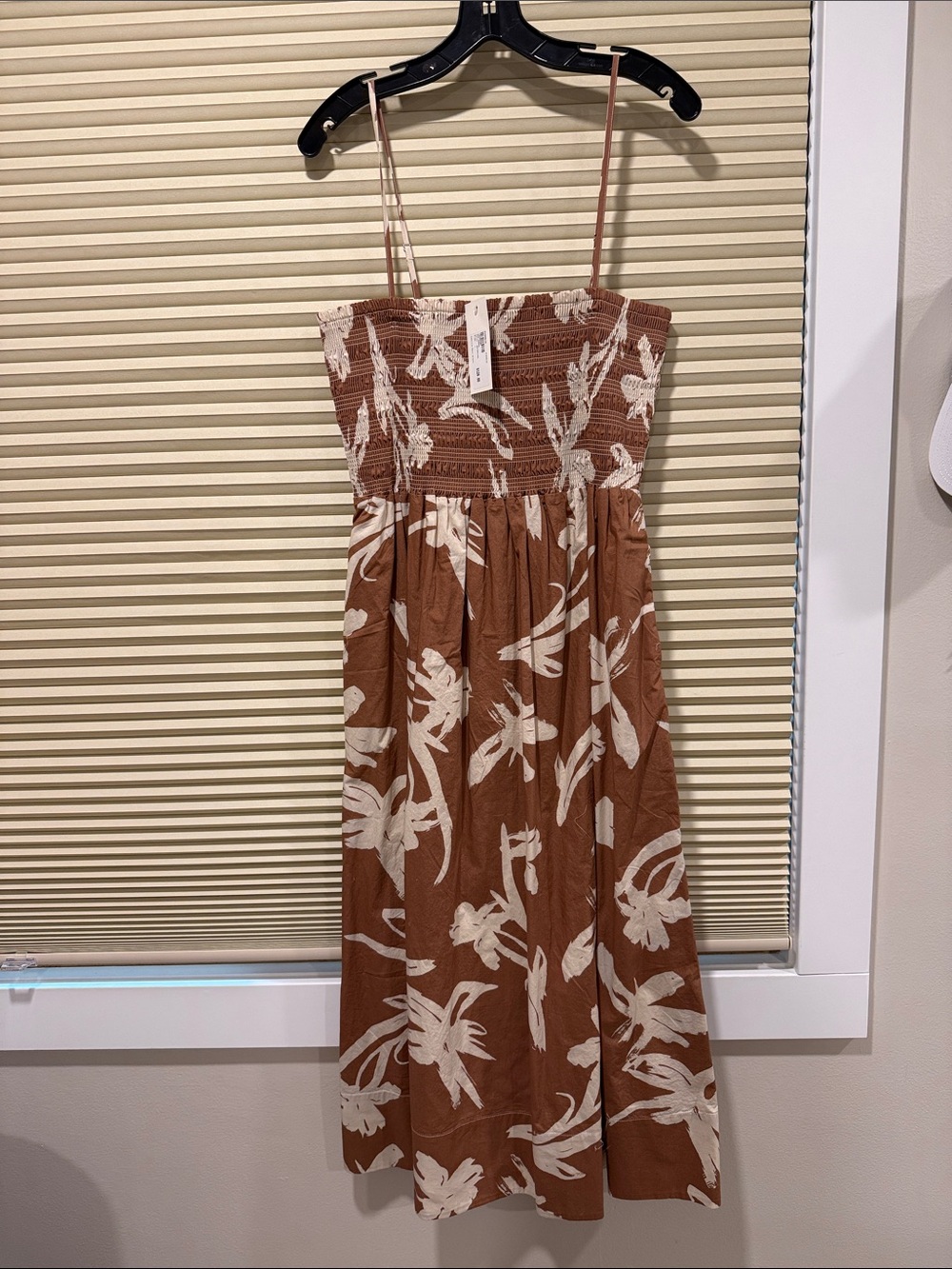 Brown Floral Smocked Midi Dress with Spaghetti Straps